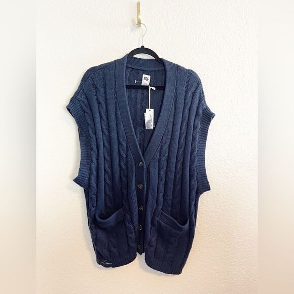 NSF Ginny chunky cable knit sweater vest with distressing in navy. NWT Large - Picture 2 of 8